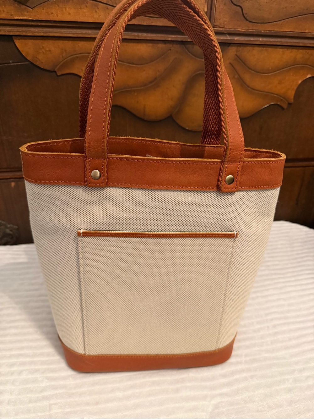 Canvas and Tan Leather Trim Tote Bag - Neutral